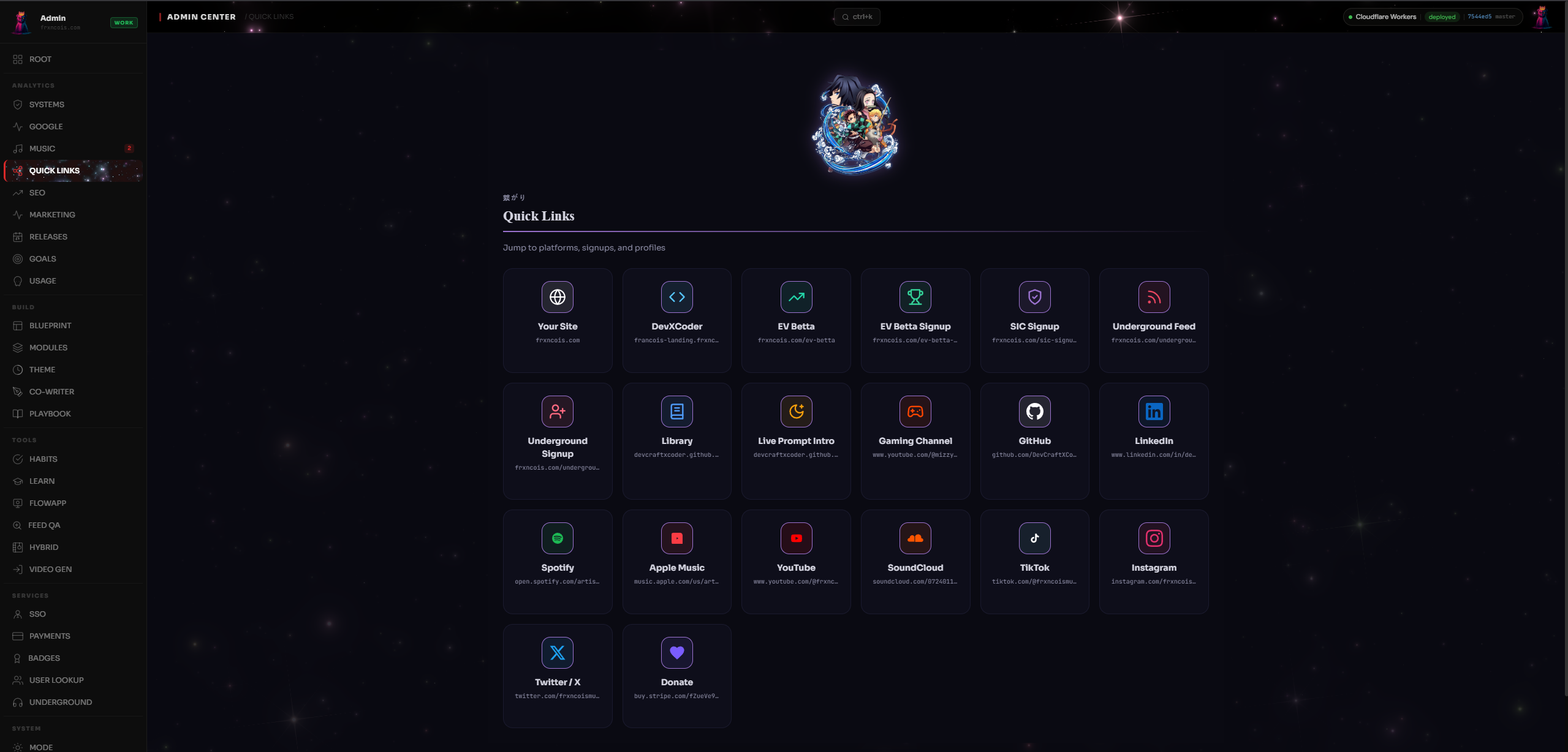 Admin dashboard — quick links panel